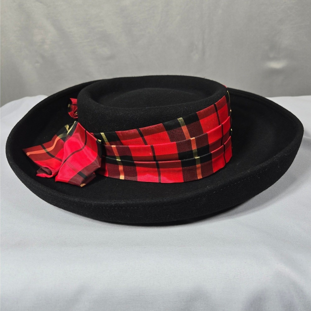 VTG Studio Kokin Black Wool Plaid Bow Wide Brim Hat Womens Felt Bollman Derby
